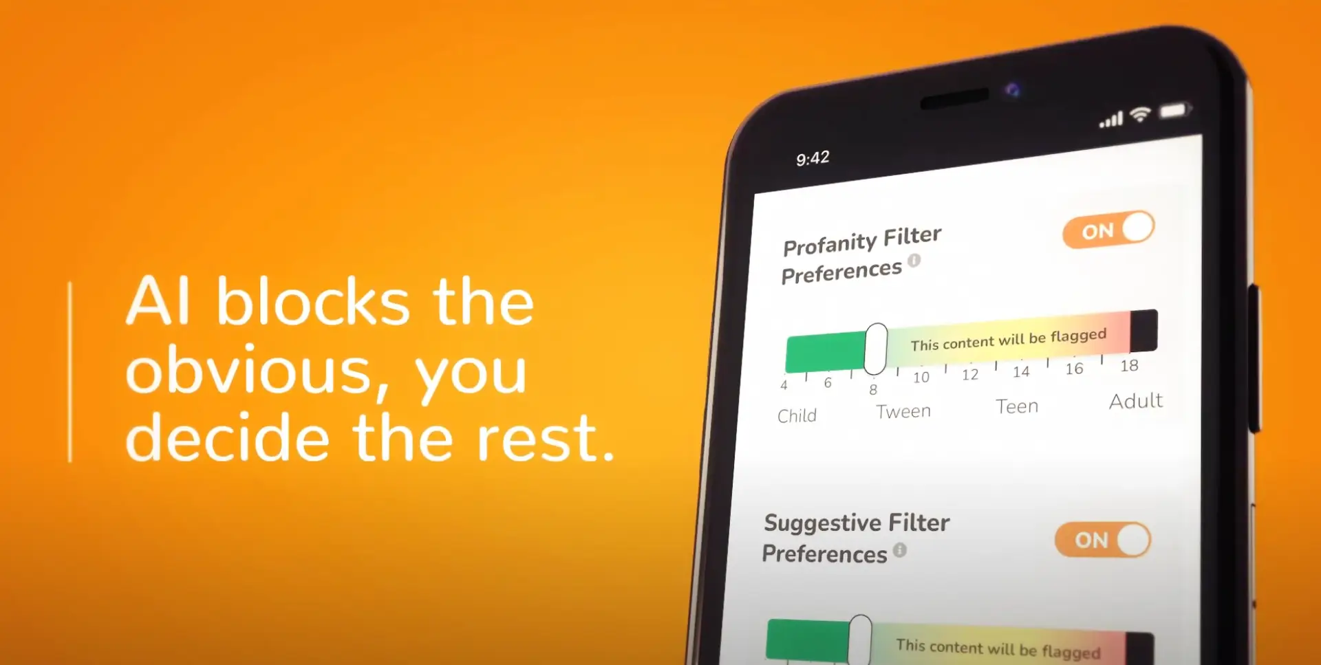 A smartphone screen showcases Troomi's Content Filtering Feature, presenting settings for a profanity filter with child, tween, and teen options. A toggle switch is on, with a text overlay reading, "AI blocks the obvious, you decide the rest," set against an orange backdrop.